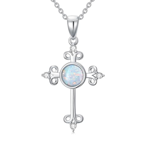 925 Sterling Silver Diamond Cross Necklace with Genuine Opal Pendant Elegant Religious Jewelry Gifts for Women - style: Cross Necklace