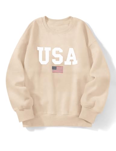 Micoson Women's Oversized USA Graphic Letter Print Sweatshirts Crewneck Patriotic Fleece Pullover Tops Winter Sweater - color: Apricot, size: Large