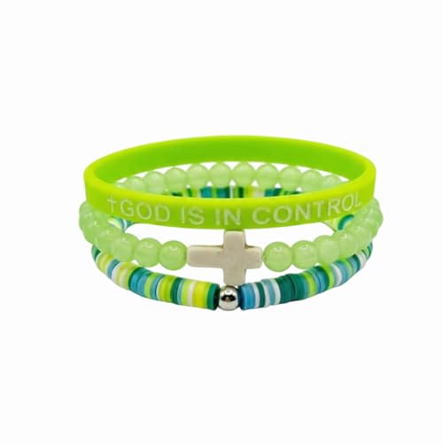 God Is In Control Christian Stackable Bracelet Set for Women Men, 3Pcs Inspirational Faith Cross Beaded Silicone Bracelets, Religious Bible Verse Elastic Wristbands Gift - color: Green