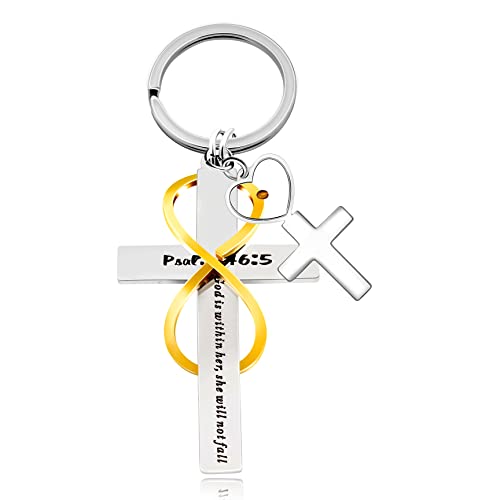 Uloveido Stainless Cross Infinity Keychain Mustard Seed Charms Psalm 46:5 Christian Bible Quote Keyring Baptism Gift - style: Heart Cross