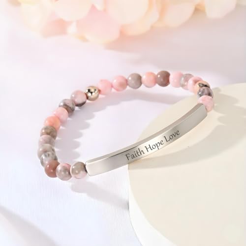Inspirational Bracelets for Women,18K Gold Plated Christian Bible Verse Faith Jewelry, Religious Jesus Prayer Gift for Mom, Sister, Friend - color: FAITH HOPE LOVE-Pink Zebra Jasper-Silver