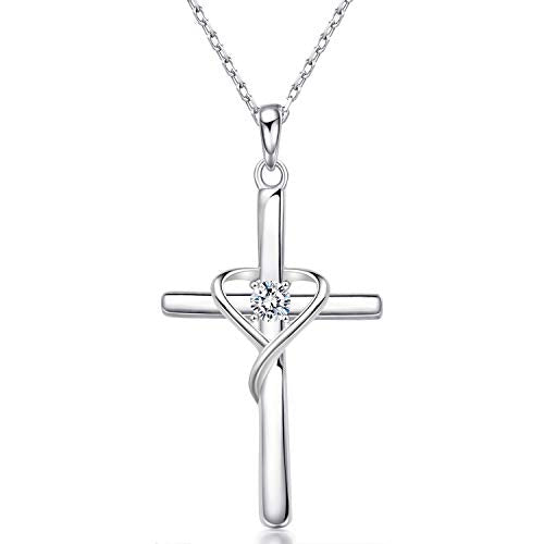 AmorAime 925 Sterling Silver Cross Necklace for Women Men 14K Gold Plated 5A CZ Birthstone Necklaces for Holiday - color: D.white-CZ-April