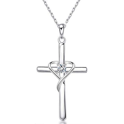 AmorAime 925 Sterling Silver Cross Necklace for Women Men 14K Gold Plated 5A CZ Birthstone Necklaces for Holiday - color: DD.white-CZ-April