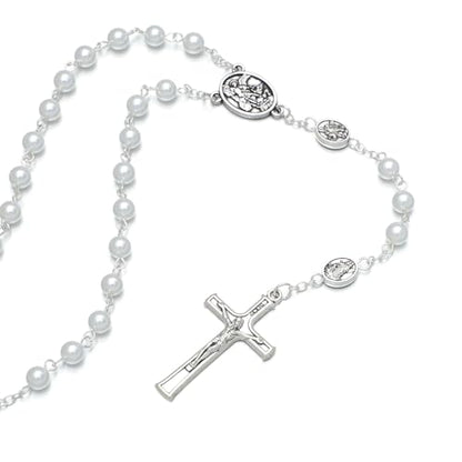 KOMI 6mm Glass Pearl Rosary Beads Catholic for Women with Metal Rosary Box Religious Gifts - style: St Michael-white
