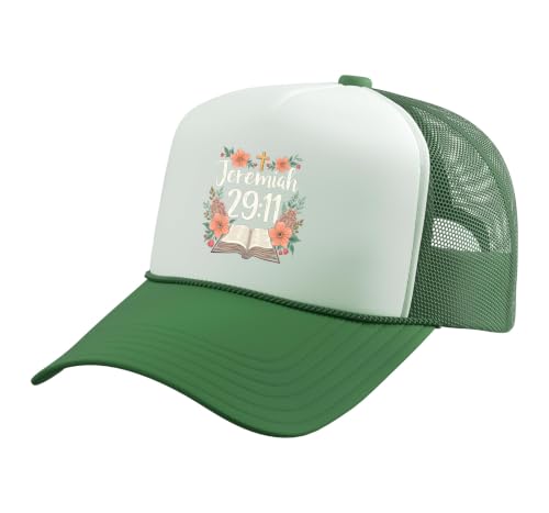 Jeremiah 29:11 Bible Verse Flowers Christian Faith Women Trucker Hat with Adjustable Mesh Back - color: Kelly Green/White