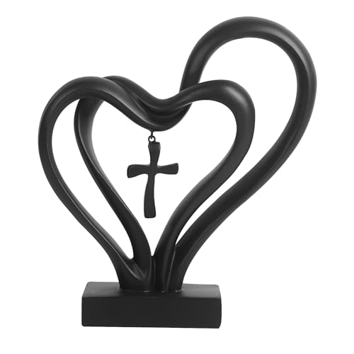 DreamsEden Two Hearts with Cross Sculpture, Intertwined Love Hearts Statue, Resin Figurine Home Decor for Wedding Anniversary, Valentines, Christian Gift for Couples Him Her