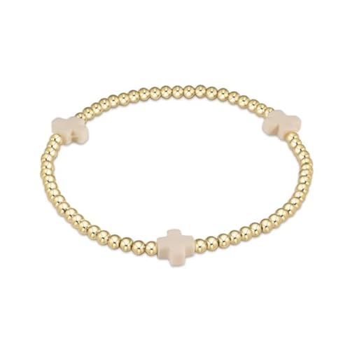 Colorful Cross Charm Bracelets for Women Men Adjustable Gold Plated Beaded Bracelet Boho Bead Ball Stretch Bracelet Birthday Summer Beach Jewelry - color: Beige