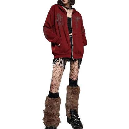 Zip Up Hoodies Y2k Jacket Graphic Gothic Jackets Grunge Cross Hoodie Baggy Streetwear Emo Sweater Aesthetic Clothes - color: Wine Red, size: XX-Large