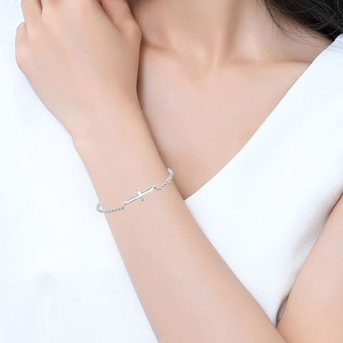 NARTGO Sideways Cross Christian Bracelet for Women Religious Faith Believe Bracelet Baptisms Jewelry Gift Stainless Steel Adjustable Chain - color: Silver