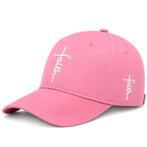 Christian Faith Cross Hats, Embroidered Baseball Caps for Men & Women - color: Pink/White
