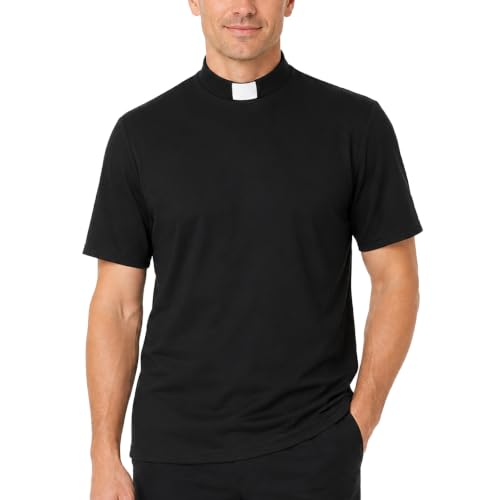 Men's T-Shirt Sleeves Tab Collar Clergy Minister Priest Outfit Priest Costume Shirt Tops - color: Black, size: Medium