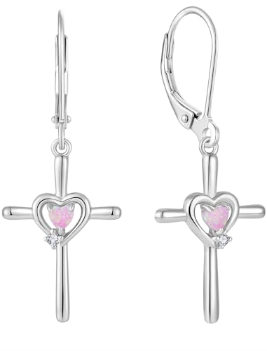 Cross Earrings 925 Sterling Silver Opal Crucifix Dangle Drop Earring Heart Birthstone Religious Jewelry for Women - color: Pink Opal