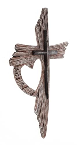 Top Brass Rustic One Love Decorative Heart Wall Cross - Multi Layered Weathered Wood Look Spiritual Jesus Art Sculpture