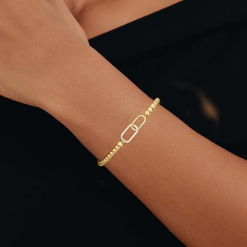 Beaded Bracelets for Women 14K Silver Gold Plated Stretch Handmade Ball Bracelets Cute Charm Bracelet Dainty Stackable Cross Heart Bow Wave CZ Circle Trendy Jewelry Easter Gifts - color: Gold-6
