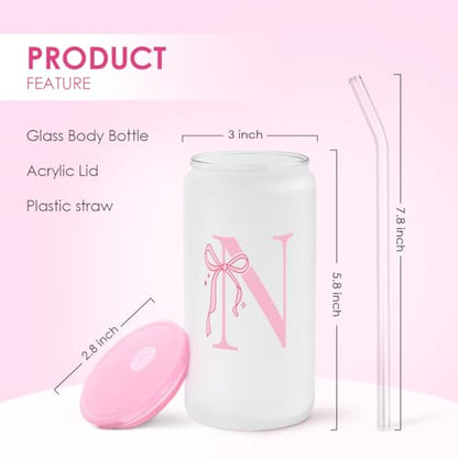 SANDJEST Monogrammed Glass Drinking Can Cup with Acrylic Lid and Straw, Personalized Frosted Iced Coffee Tumbler 16oz, Monogram Initial Gifts for Women Girls on Birthday (N) - color: N