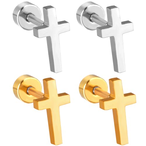 2 pair Cross Screw Flat Back Small Stud Earrings for Women Men Minimalist Surgical Steel Silver Plated Cartilage Tragus Piercing Sleeper Little Studs Hypoallergenic Birthday Gift