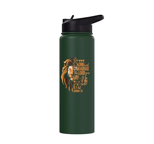 Christian Bible Verse Joshua 1:9 Lion Stainless Steel Insulated Water Bottle - color: Dark Green