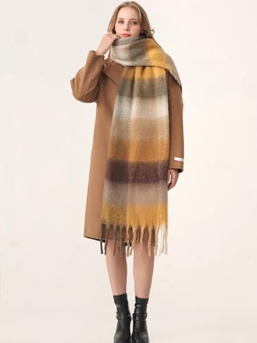 HOTIAN Women's Large Scarf Colorful Chunky Plaid Scarves Soft Winter Thick Tassel Warm Wrap Shawl - color: Yellow Curry (Gentleman)