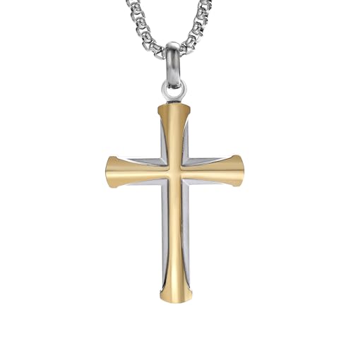 Stainless Steel Cross Necklace for Men with Adjustable Box Chain Christian Cross neckalce Gift - color: Silver-Gold