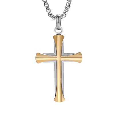 Stainless Steel Cross Necklace for Men with Adjustable Box Chain Christian Cross neckalce Gift - color: Silver-Gold