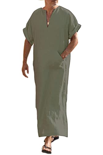 COOFANDY Men's V-Neck Linen Robe Short Sleeve Kaftan Thobe Long Gown Casual Shirt for Beach, Summer - color: Olive Green, size: Medium