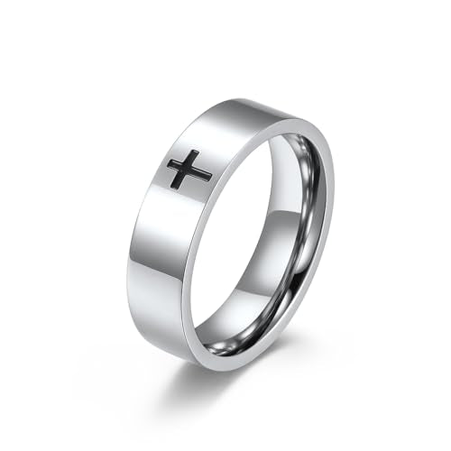 Men's Cross Ring Black/Silver Christian Wedding Band Stainless Steel - color: 6mm,silver