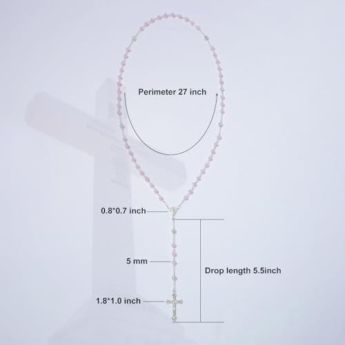 KOMI Crystal Rosary Beads with Jesus Crucifix, Catholic Necklace for Women First Communion Rosarios Wedding Rosary with Velvet Bag - style: 6MM-pink