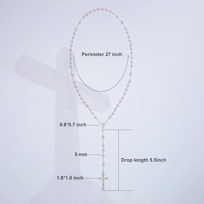 KOMI Crystal Rosary Beads with Jesus Crucifix, Catholic Necklace for Women First Communion Rosarios Wedding Rosary with Velvet Bag - style: 6MM-pink