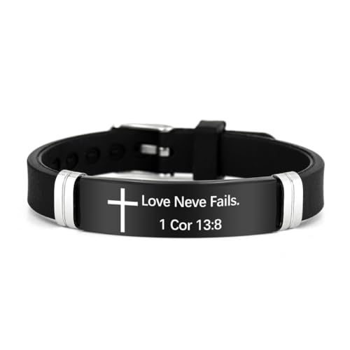2Pcs Cross Bracelet with Bible Verse,Inspirational Quote Wristband Adjust Silicone Band Scripture Bracelets Faith Inspirational Baptism Gift Daily Reminder Jewelry for Men Women Couples - style: 1 Cor 13 8