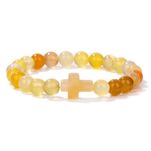 8mm Gemstone Cross Bracelet for Women Men – Stretch Beaded Faith Bracelet with Sideways Cross (Multiple Colors) - style: Yellow Agate