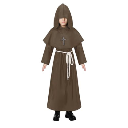 Kids Medieval Monk Robe Hooded Friar Cloak - color: Brown, size: Medium