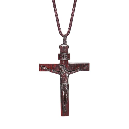 Rnivida Natural Wooden Crucifix Cross Necklace for Men - Handmade Adjustable Rope Chain with Large Religious Pendant, Catholic Christian Spiritual Jewelry Gifts - color: Brown