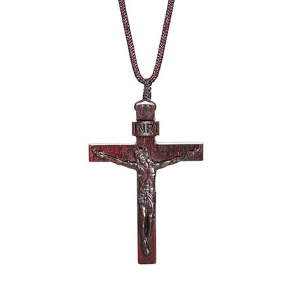 Rnivida Natural Wooden Crucifix Cross Necklace for Men - Handmade Adjustable Rope Chain with Large Religious Pendant, Catholic Christian Spiritual Jewelry Gifts - color: Brown