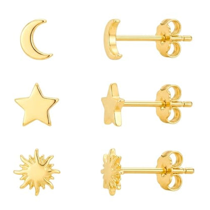 ToHeart 3 Pairs 14K Gold Plated Tiny Stud Earrings Set Gift for Women Men - color: Moon Star Sun - Gold