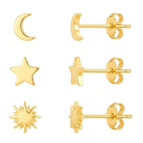 ToHeart 3 Pairs 14K Gold Plated Tiny Stud Earrings Set Gift for Women Men - color: Moon Star Sun - Gold