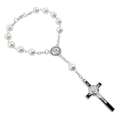 TALISMAN4U St Benedict One Decade Catholic Rosary for Car Rearview Mirror - color: White Car Rosary