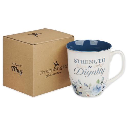 Christian Art Gifts Large Ceramic Inspirational Scripture Coffee & Tea Mug for Women: Strength & Dignity Encouraging Golden Bible Verse, Non-toxic Lead/Cadmium-free Cup, White & Blue Floral, 14 oz. - color: Blue/Strength & Dignity