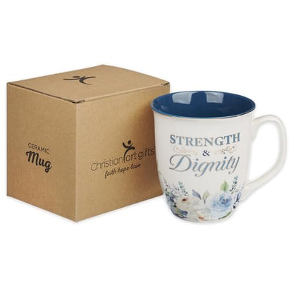 Christian Art Gifts Large Ceramic Inspirational Scripture Coffee & Tea Mug for Women: Strength & Dignity Encouraging Golden Bible Verse, Non-toxic Lead/Cadmium-free Cup, White & Blue Floral, 14 oz. - color: Blue/Strength & Dignity