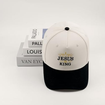 Embroidered Christian Two-Tone Baseball Cap for Men & Women, Adjustable Dad Hat Christmas Easter Gift - color: Crown Shape Jesus is King, Black/Beige