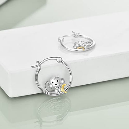 Fox/Pig/Mushroom/Cat Earrings Sterling Silver Cute Hoop Earrings Animal Jewelry Gifts for Women Daughter - style: monkey