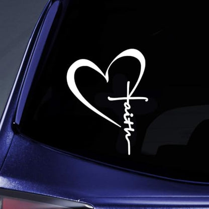 Faith Cross Heart Vinyl Decal Religious Christian Sticker for Car, Truck, Laptop, Water Bottle, Bible Inspirational Faith Symbol 2Packs - color: White