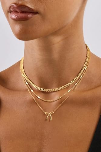 Layered Gold Necklace for Women, 14K Gold Plated Necklace Stack Set, Dainty Pendant Necklace Non Tarnish, Fashion Bow CZ Circle Star Hammered Cross Jewelry Gift for Women - color: Gold-06