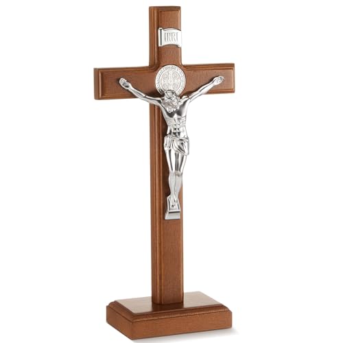 Leinuosen 10 Inch Wood Standing Cross Crucifix Wall and Table Catholic Wooden Cross Decor Jesus Christ Decoration for Home Baptism Communion Church(Silver,1 Pcs) - color: Silver