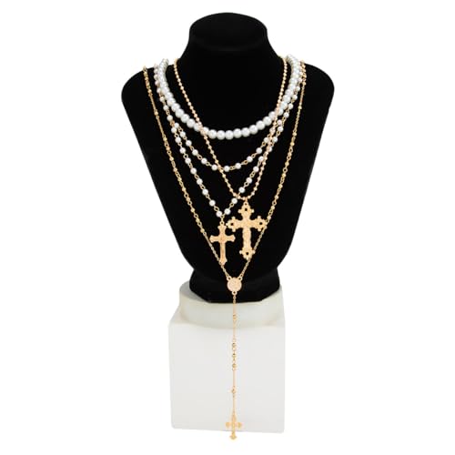 Layered Cross Necklace Set for Women Men – Multi Chain Gold Silver Cross Pendant Jewelry with Rhinestone Accents, Vintage Punk Gothic Style Jewelry Gifts - color: C: Gold Pearl