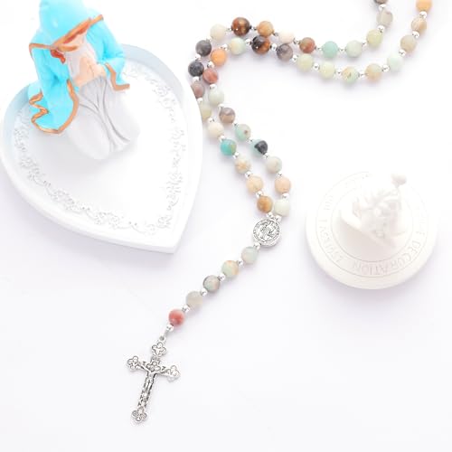 Rosary for Men Women, Natural Stone Beads with St. Benedict Bracelet - color: Amazonite