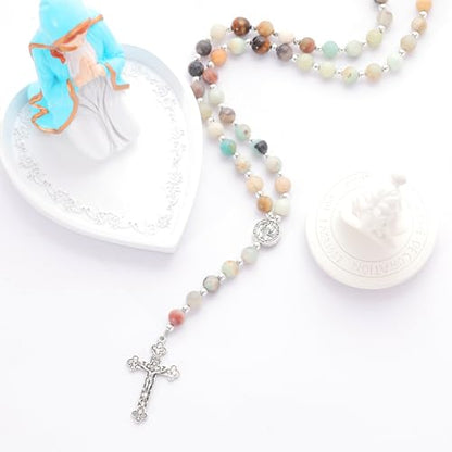 Rosary for Men Women, Natural Stone Beads with St. Benedict Bracelet - color: Amazonite