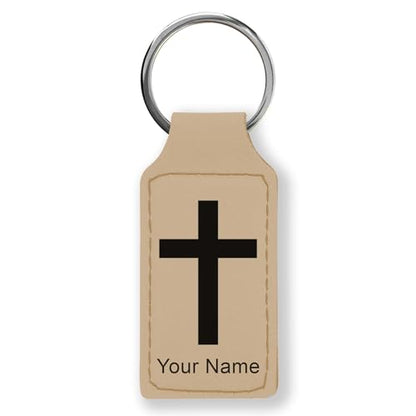 LaserGram Rectangle Keychain, Christian Cross, Personalized Engraving Included - color: Beige