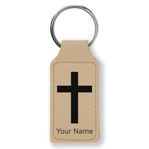 LaserGram Rectangle Keychain, Christian Cross, Personalized Engraving Included - color: Beige