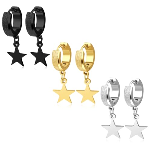 Men Women Stainless Steel Cross Earrings Set Dangle Hinged Earrings of Dangle Hinged Earrings Cross hoop Earrings - color: 3 Pairs Star Earrings (Black+Silver+Gold)