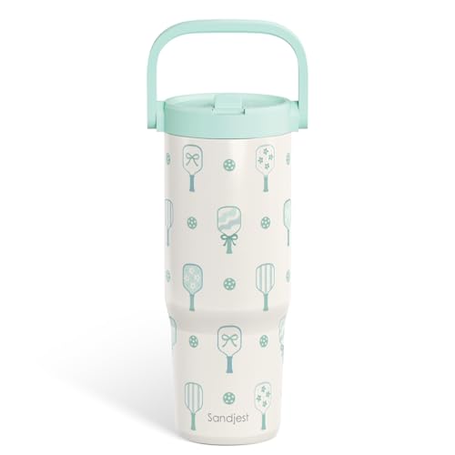 SANDJEST Pickleball Stainless Steel Straw Lid Tumbler 30oz with Carry Handle for Women Girls Adults, Insulated Travel Coffee Cup, Gift for Sports Outdoor Workout Christmas Birthday (Mint) - color: Pickleball 1